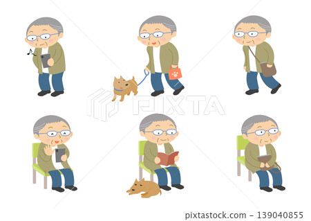 A set of casual illustrations depicting the daily life of a senior man (standing, sitting, full body). 139040855