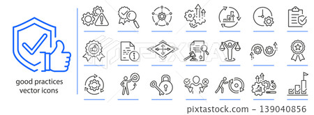 good practices icons, quality icon set, standards policy simple symbols, linear vector illustration, outline editable stroke 139040856