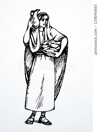 Vector drawing. Woman with basket and jug Vector drawing. Woman with basket and jug 139040985