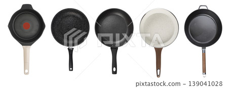 Set of various non-stick frying pans isolated on white background, top view Set of various non-stick frying pans isolated on white background, top view 139041028