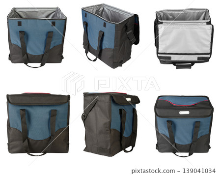 Insulated cooler bag isolated on white background, thermal lunch bag set in different angles Insulated cooler bag isolated on white background, thermal lunch bag set in different angles 139041034