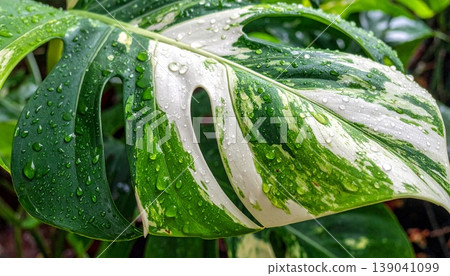 Monstera albo variegated leaves with water drops Monstera albo variegated leaves with water drops 139041099