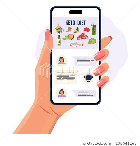 Keto diet information on smartphone held by person communicating in chat with chatbot 139041163