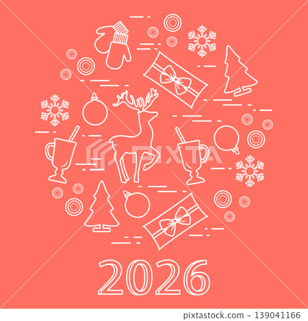 Christmas holiday illustration with reindeer, gifts, trees, mittens, and hot chocolate, 2026 background Christmas holiday illustration with reindeer, gifts, trees, mittens, and hot chocolate, 2026 background 139041166