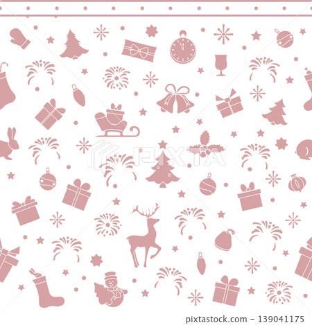 Christmas pattern with festive icons like reindeer, gifts, and trees on white background Christmas pattern with festive icons like reindeer, gifts, and trees on white background 139041175