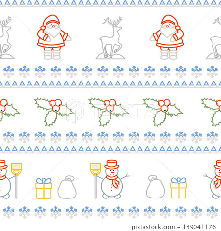 Christmas pattern with santa, reindeer, snowmen, and holly elements on white background Christmas pattern with santa, reindeer, snowmen, and holly elements on white background 139041176