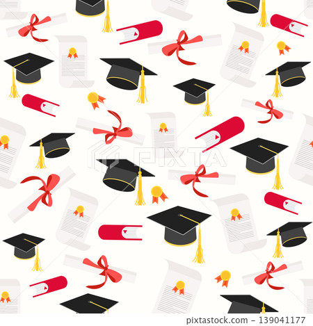 Graduation pattern with mortarboards, diplomas, and certificates on light background Graduation pattern with mortarboards, diplomas, and certificates on light background 139041177
