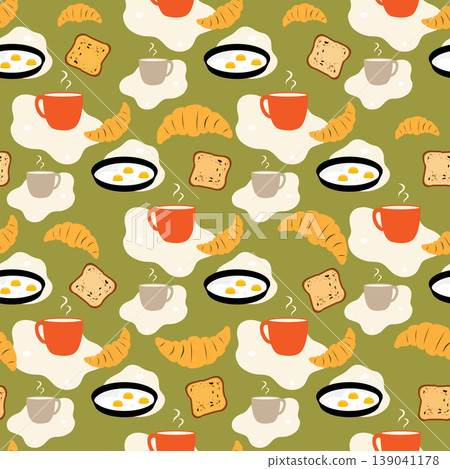 Breakfast pattern with fried eggs, toast, croissants, and coffee cups on olive background Breakfast pattern with fried eggs, toast, croissants, and coffee cups on olive background 139041178