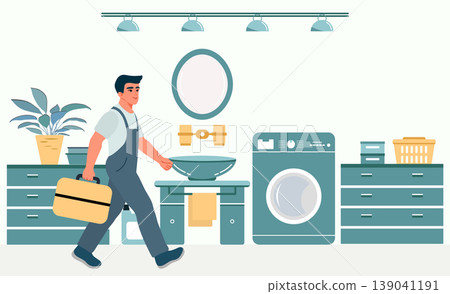 Plumber carrying toolbox in modern laundry room with appliances and decor, concept of home service Plumber carrying toolbox in modern laundry room with appliances and decor, concept of home service 139041191