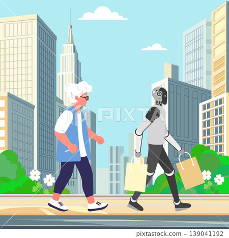 Elderly woman walking with robot carrying shopping bags in urban city setting, concept of future Elderly woman walking with robot carrying shopping bags in urban city setting, concept of future 139041192