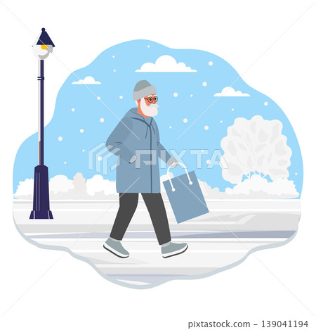 Elderly man walking with shopping bag in winter scene. Background with falling snowflakes Elderly man walking with shopping bag in winter scene. Background with falling snowflakes 139041194