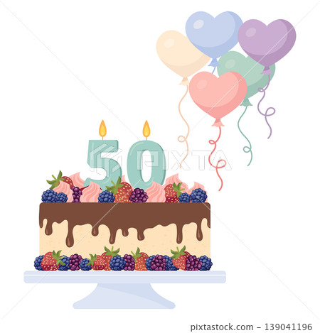 Fiftieth birthday cake with chocolate frosting and fruit decorations, accompanied by heart-shaped balloons Fiftieth birthday cake with chocolate frosting and fruit decorations, accompanied by heart-shaped balloons 139041196