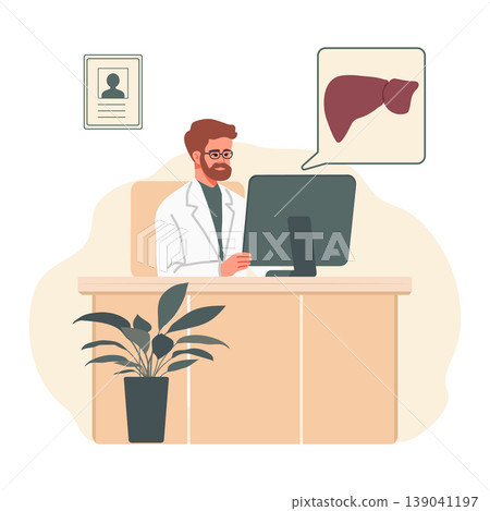 Medical professional at a desk with computer showing liver illustration in healthcare setting Medical professional at a desk with computer showing liver illustration in healthcare setting 139041197