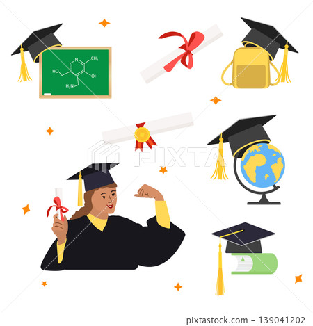 Graduation celebration with diploma, cap, globe, and chalkboard, suitable for educational content 139041202