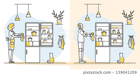 Human and robot interacting in home kitchen setting with fridge and cat, illustrating technology concept 139041209