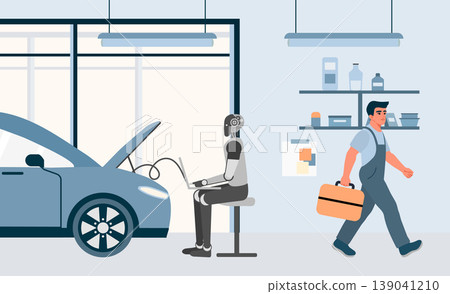 Robot mechanic working on car in garage while human coworker leaves with toolbox in hand Robot mechanic working on car in garage while human coworker leaves with toolbox in hand 139041210
