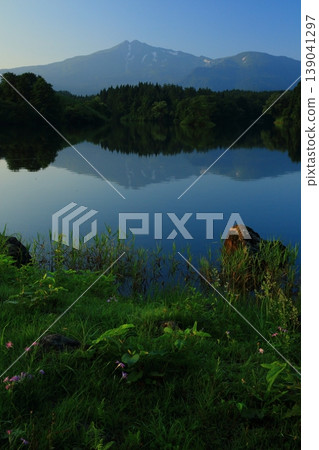 Fresh green Mt. Chokai reflected in the pond Fresh green Mt. Chokai reflected in the pond 139041297