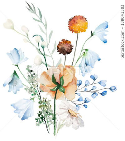 Watercolor bouquet with blue, ivory and orange wildflowers, rustic isolated illustration for stationery 139041383
