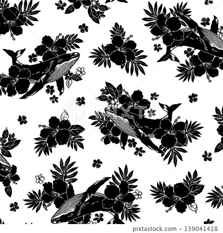 A collection of illustrations of hibiscus flowers and whales. A collection of illustrations of hibiscus flowers and whales. 139041418
