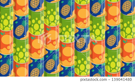 Bright summer horizontal background of aluminum cans with different flavors of carbonated drinks displayed in a row. 3D vector background top view at an angle Bright summer horizontal background of aluminum cans with different flavors of carbonated drinks displayed in a row. 3D vector background top view at an angle 139041480