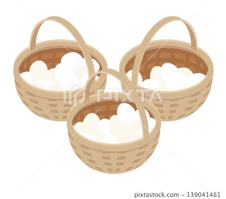 Isometric chicken eggs separated by quantity into different baskets. Concept of forethought and caution. 3D cartoon vector isolated on white background Isometric chicken eggs separated by quantity into different baskets. Concept of forethought and caution. 3D cartoon vector isolated on white background 139041481