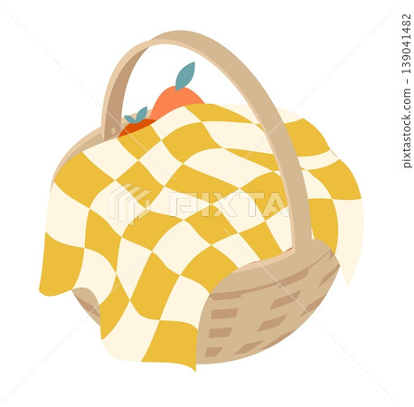 Isometric picnic basket filled with fruit and food covered with a plaid cloth. 3D cartoon vector isolated on white background 139041482