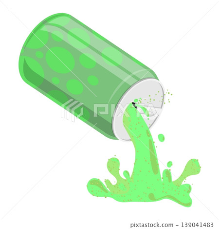 Isometric refreshing citrus carbonated drink pours from an open green aluminum can. 3D cartoon vector isolated on white background Isometric refreshing citrus carbonated drink pours from an open green aluminum can. 3D cartoon vector isolated on white background 139041483