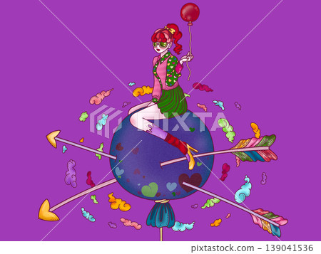 Girl riding a balloon against a purple background Girl riding a balloon against a purple background 139041536