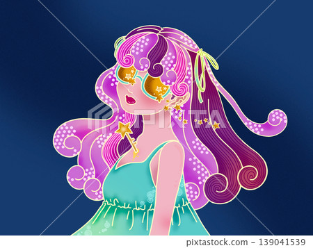 A girl shedding tears of stars against an indigo background. A girl shedding tears of stars against an indigo background. 139041539