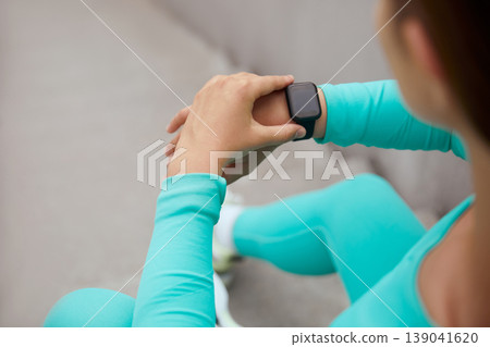 Sport. Fitness Girl Checks Tracker On Wrist Before Workout. Fashion Sporty Woman. Fit Female Monitoring Pulse On Smart Watch. Sport. Fitness Girl Checks Tracker On Wrist Before Workout. Fashion Sporty Woman. Fit Female Monitoring Pulse On Smart Watch. 139041620