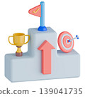 3d rendering concept business goal and achievement illustration. Trophy, archery target and flag on podium.	 139041735
