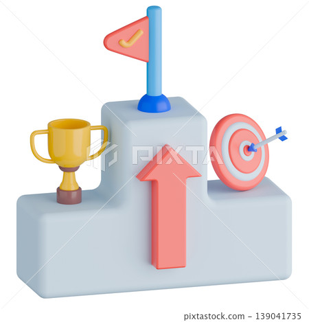 3d rendering concept business goal and achievement illustration. Trophy, archery target and flag on podium. 3d rendering concept business goal and achievement illustration. Trophy, archery target and flag on podium. 139041735