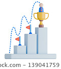 3D Business Achievement Bar Chart with Flag, Trophy and Leader Illustration. 139041759