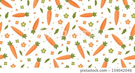 Seamless pattern of orange carrots and flowers. Summer bright background. Vector illustration for packaging, wallpaper and printing. Seamless pattern of orange carrots and flowers. Summer bright background. Vector illustration for packaging, wallpaper and printing. 139042048