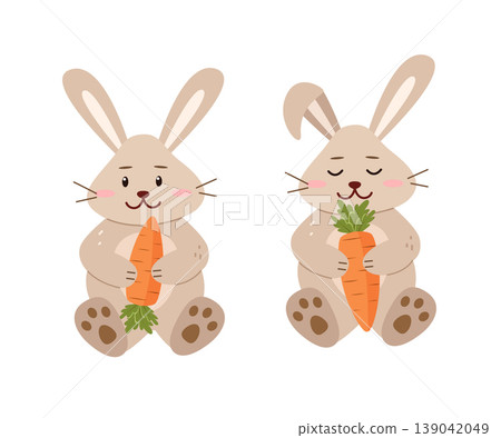 Set of cute cartoon bunny, hare with carrots. Vector illustration little rabbit. Print for nursery, poster and postcard. Set of cute cartoon bunny, hare with carrots. Vector illustration little rabbit. Print for nursery, poster and postcard. 139042049