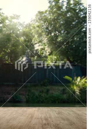 Empty concrete stone surface for product display with a soft blurred background of a tropical garden, river, and sunny trees in a park 139042136