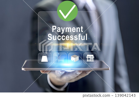 Businessman holding a tablet showing a Payment Successful screen with icons for shopping, banking, and secure digital transactions for e-commerce Businessman holding a tablet showing a Payment Successful screen with icons for shopping, banking, and secure digital transactions for e-commerce 139042143