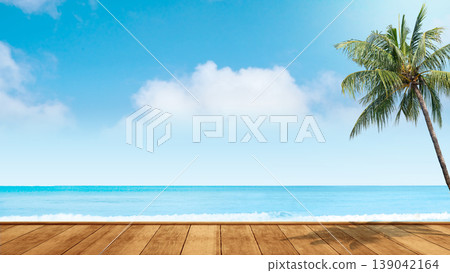 A serene tropical beach scene featuring a wooden deck in the foreground, calm blue ocean water, a bright blue sky with light clouds, and a single palm tree on the right A serene tropical beach scene featuring a wooden deck in the foreground, calm blue ocean water, a bright blue sky with light clouds, and a single palm tree on the right 139042164
