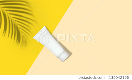 Mockup of a white plastic cosmetic tube for sunscreen or lotion, placed on a yellow and beige background with a tropical palm leaf shadow for a summer vibe Mockup of a white plastic cosmetic tube for sunscreen or lotion, placed on a yellow and beige background with a tropical palm leaf shadow for a summer vibe 139042166