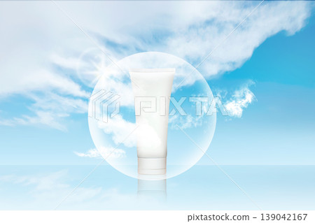 White cosmetic cream tube protected by a transparent bubble sphere against a bright blue sky with white clouds. Ideal for sunscreen, skincare, and beauty product advertising White cosmetic cream tube protected by a transparent bubble sphere against a bright blue sky with white clouds. Ideal for sunscreen, skincare, and beauty product advertising 139042167