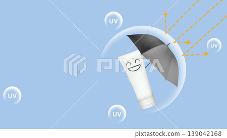 An illustration showing a sunscreen tube and umbrella inside a protective bubble, blocking harmful UV rays. Perfect for sun safety and skincare concept An illustration showing a sunscreen tube and umbrella inside a protective bubble, blocking harmful UV rays. Perfect for sun safety and skincare concept 139042168