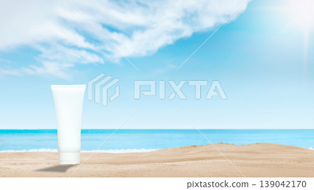 A blank white tube of sunscreen or lotion stands on a sandy beach against a backdrop of blue ocean and a sunny sky, ideal for summer skincare concepts A blank white tube of sunscreen or lotion stands on a sandy beach against a backdrop of blue ocean and a sunny sky, ideal for summer skincare concepts 139042170