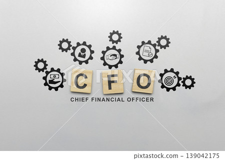 CFO Chief Financial Officer concept shown with wooden blocks and business gear icons representing strategy, finance, and management on a grey background CFO Chief Financial Officer concept shown with wooden blocks and business gear icons representing strategy, finance, and management on a grey background 139042175