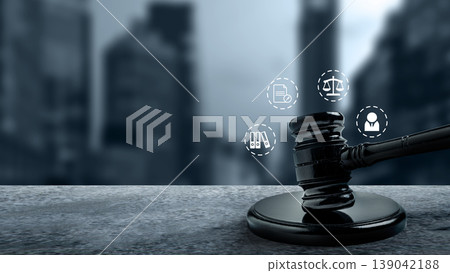 Judge gavel on a stone surface with digital law icons and a blurred city skyline background, representing modern corporate justice and legal advocacy Judge gavel on a stone surface with digital law icons and a blurred city skyline background, representing modern corporate justice and legal advocacy 139042188