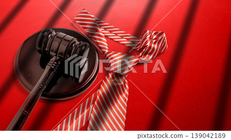 A conceptual image of legal justice and white collar crime featuring a judge's gavel and a striped business tie on a red background with jail bar shadows A conceptual image of legal justice and white collar crime featuring a judge's gavel and a striped business tie on a red background with jail bar shadows 139042189
