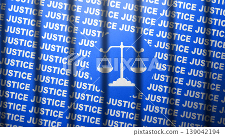 A conceptual image featuring the scales of justice symbol in white against a blue fabric background with the word JUSTICE repeated across the surface A conceptual image featuring the scales of justice symbol in white against a blue fabric background with the word JUSTICE repeated across the surface 139042194