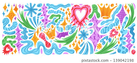 Paper cutout with handmade arrow, textured naive abstract shape and scrapbook crown, twinkle. Cutout geometric pattern with sparkle, dot and trendy form scribble set. Paper vector collage illustration Paper cutout with handmade arrow, textured naive abstract shape and scrapbook crown, twinkle. Cutout geometric pattern with sparkle, dot and trendy form scribble set. Paper vector collage illustration 139042198