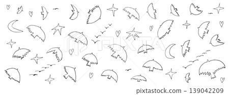 Bird outline set, flock icons with hearts, stars and crescent moons in naive sketch. Hand drawn flock of birds for greeting card or print. Vector doodle dove elements in childish ink line art Bird outline set, flock icons with hearts, stars and crescent moons in naive sketch. Hand drawn flock of birds for greeting card or print. Vector doodle dove elements in childish ink line art 139042209