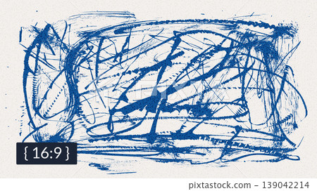 Brush blue ink scribble on grainy sand texture for creative template. Blue paint stroke pattern with chaotic brush marks and grunge lines. Abstract vector background with urban street grain effect Brush blue ink scribble on grainy sand texture for creative template. Blue paint stroke pattern with chaotic brush marks and grunge lines. Abstract vector background with urban street grain effect 139042214