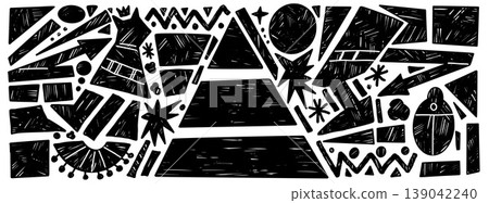 Dense egypt geometric charcoal shape with pencil crayon and abstract figure. Playful egypt design for ancient travel poster and card. Hand drawn vector set with rugged geometric doodle or background 139042240